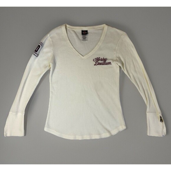 Women’s Small Harley Davidson Cream Long Sleeve Waffle Knit Zip Wrist - Picture 1 of 9